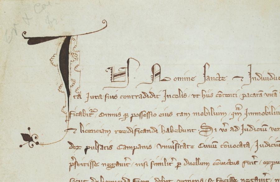 Charte de l'empereur Adolphe Ier, accordant des privilèges à la ville de Schlestadt (AA2- 1292). La lettrine représente un i.