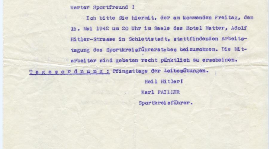 Invitation pour une réunion de travail des dirigeants du "Sportkreis 6", club de sport de Sélestat sous l'occupation allemande. Envoyée le 13 Mai 1942.
