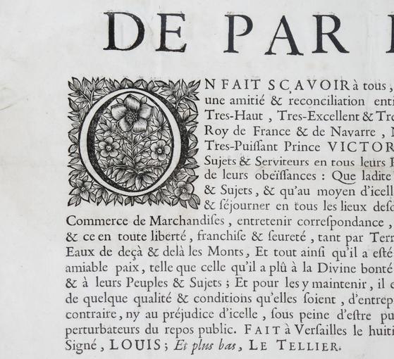 Lettre d'une déclaration d'amitié et réconciliation entre le Prince Louis, Roy de France et de Navarre et le Prince Victor Ame II, Duc de Savoye (AA184 - 1696). La lettrine représente une O. 