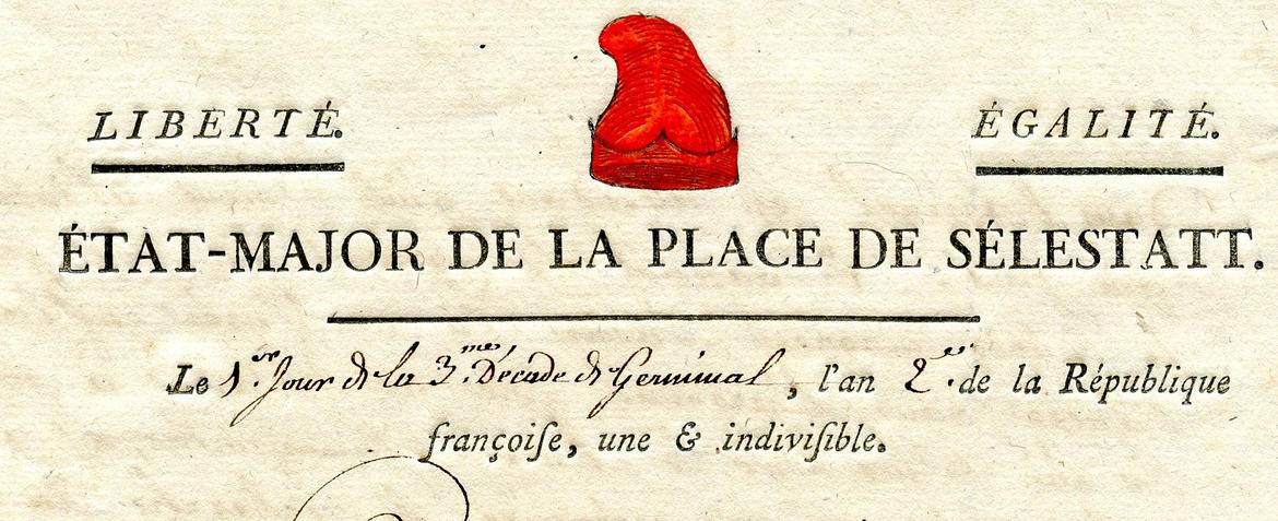 Entête de lettre de l'État-Major de la place de Sélestat, an 2 de la République. Le bonnet phrygien est ici coloré en rouge