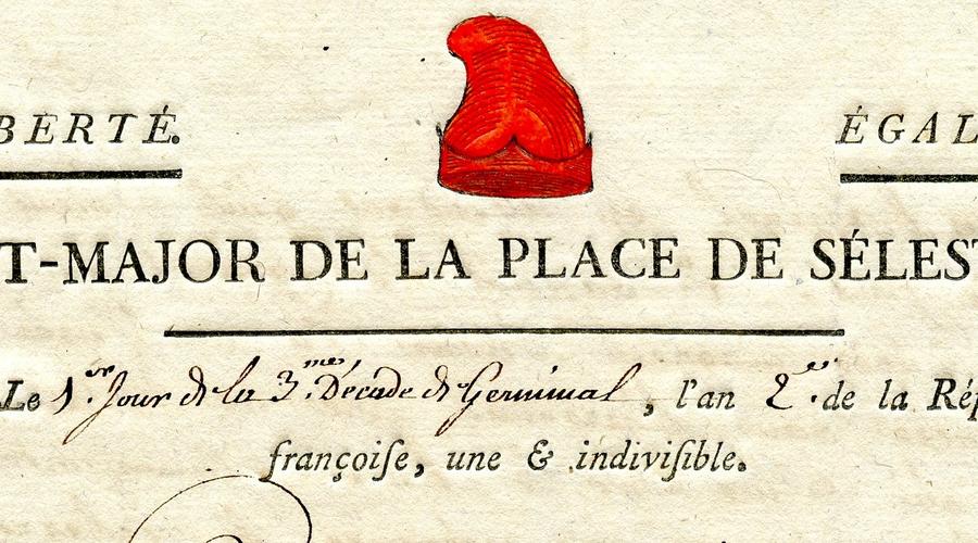 Entête de lettre de l'État-Major de la place de Sélestat, an 2 de la République. Le bonnet phrygien est ici coloré en rouge