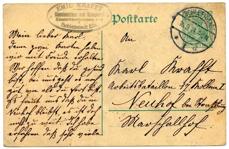 Lettre adressée à Karl Krafft, écrite par son père Emil Krafft le 18 Septembre 1914. 