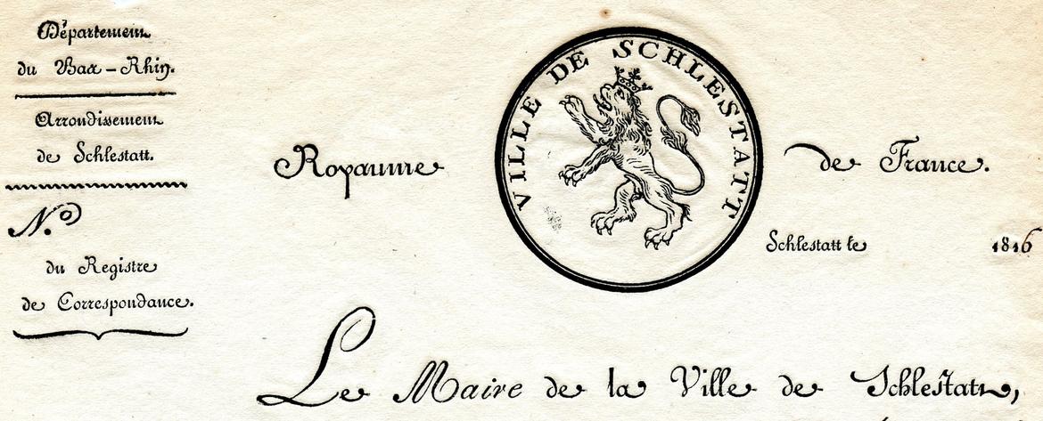 Entête de lettre de la Ville de Schlestatt, année 1816