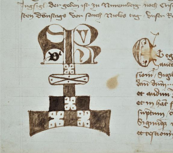 Attestation de la donation par l'empereur Charles IV des villages de Kintzheim et de Burner à la ville de Sélestat. Marque du notaire impérial Rudolphe de Rynach, 1355